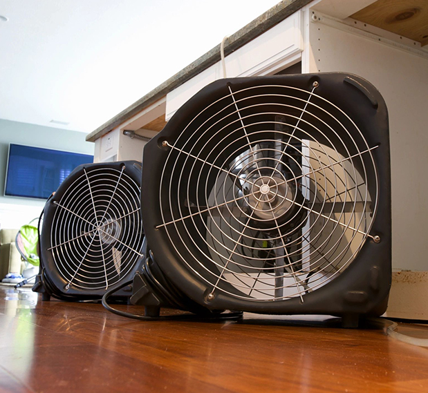 Two fans are sitting on the floor of a room.