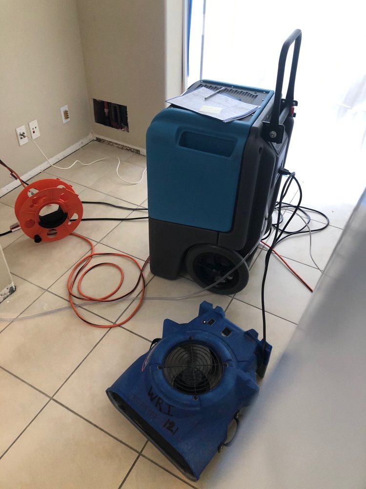 A blue and black machine on the floor next to an orange hose.